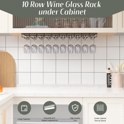 Xverycan Wine Glass Rack Under Cabinet, 10 Row Extreme Large Stemware Hanger, Metal Wine Goblet Holder, DIY Bar Glass Storage Rack for Bar Counter, Kitchen, Screws Included