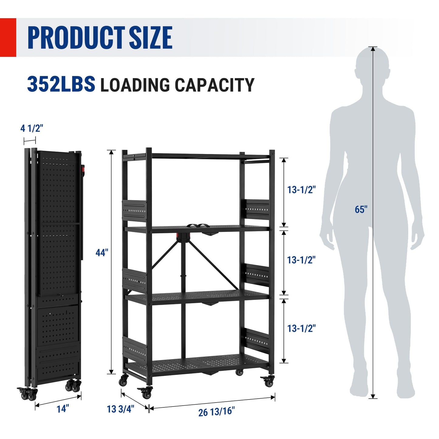 WORKPRO 4-Tier Folding Shelf, No-Assembly Metal Storage Rack with Wheels, 600 lbs Capacity (with