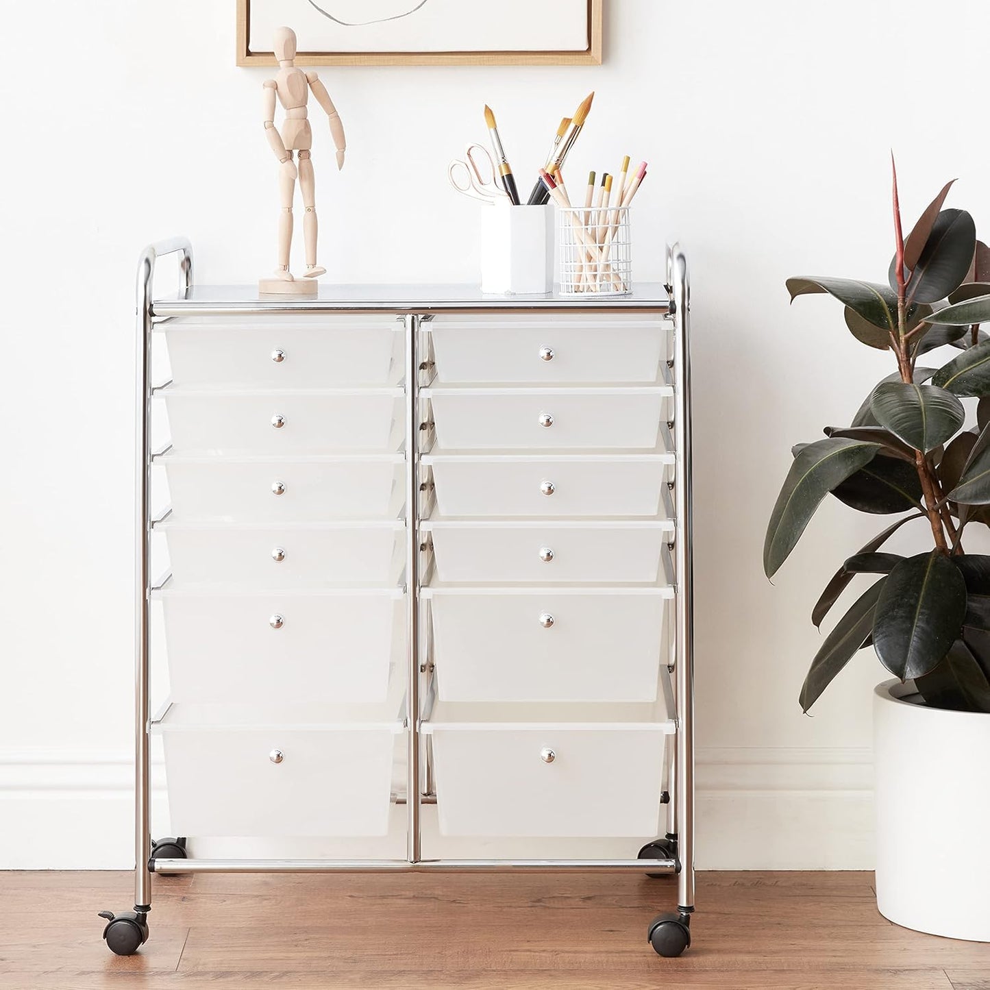 Whitmor 12-Drawer Rolling Storage Cart with Locking Wheels, Plastic Organizer for Crafts, Office