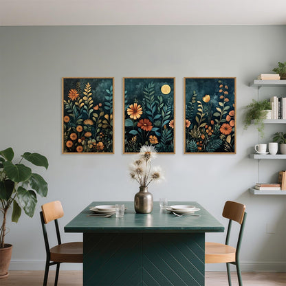 Celestdeco Vintage Dark Botanical Framed Canvas Wall Art Set, Colorful Floral Wall Decor, Nature Wildflower Wall Painting, Colorful Blossom Art Prints for Living Room, Bedroom, Office - 24"X36"X3