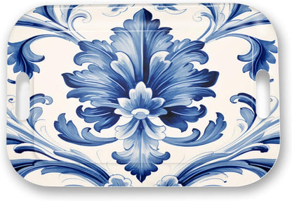 Serving Trays with Handles, 14.5 x 9.8 inch Rectangular Plastic Tray for Restaurant, Kitchen, Blue and White Pattern