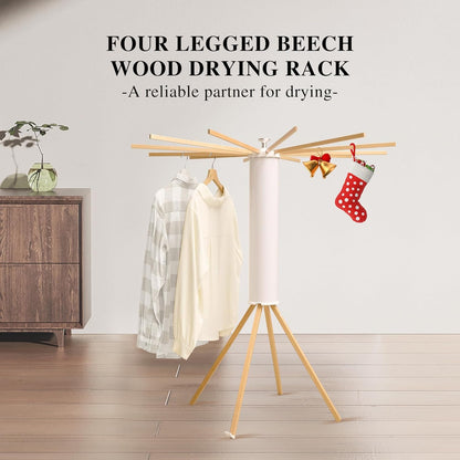 LEQ Drying Rack Portable,Foldable Drying Rack Clothing with 12 Wood Drying Arms, Standing Laundry Hanger Rack Round Collapsible & Portable Handle for Laundry Room, Balcony, Bedroom, RV