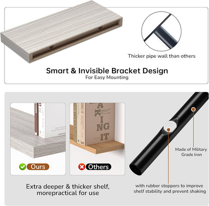 Floating Shelves - Rustic Grey Storage Shelf Set of 2 - 16 Inch Wall Mounted Shelves for Wall Decor & Storage - Wooden Shelves with Invisible Brackets for Living Room, Bedroom, Kitchen, Farmhouse