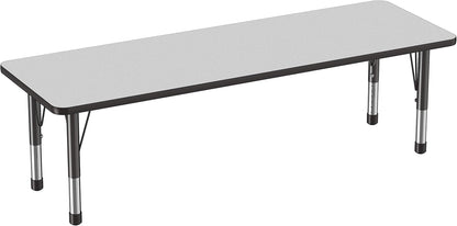 FDP Rectangle Activity School and Classroom Kids Table (24 x 72 inch), Chunky Toddler Legs, Adjustable Table Height 15-24 inches - Gray Top and Black Edge