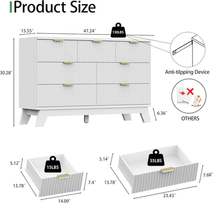 Fluted Dresser for Bedroom with 7 Drawers, 48" Wide Modern Chest of Drawers with Metal Handle, Wooden Dresser TV Stand, Wood Closet Clothes Storage Organizer for Living Room, Hallway, White