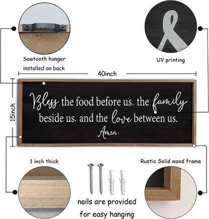 Bless the Food Before Us Sign Wall Decor 40"X15" Large Farmhouse Dining Room Wall Decor Framed Wood Rustic Home Wall Art Kitchen Decoration (Wood Black)