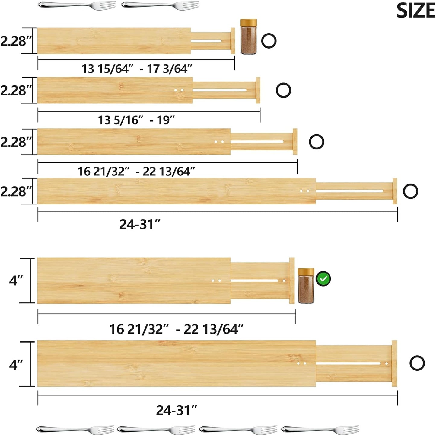 BAMEOS 4" High Drawer Dividers Bamboo Separators Organization Expandable Organizers for Kitchen Bedroom Bathroom Dresser Office 4-pack