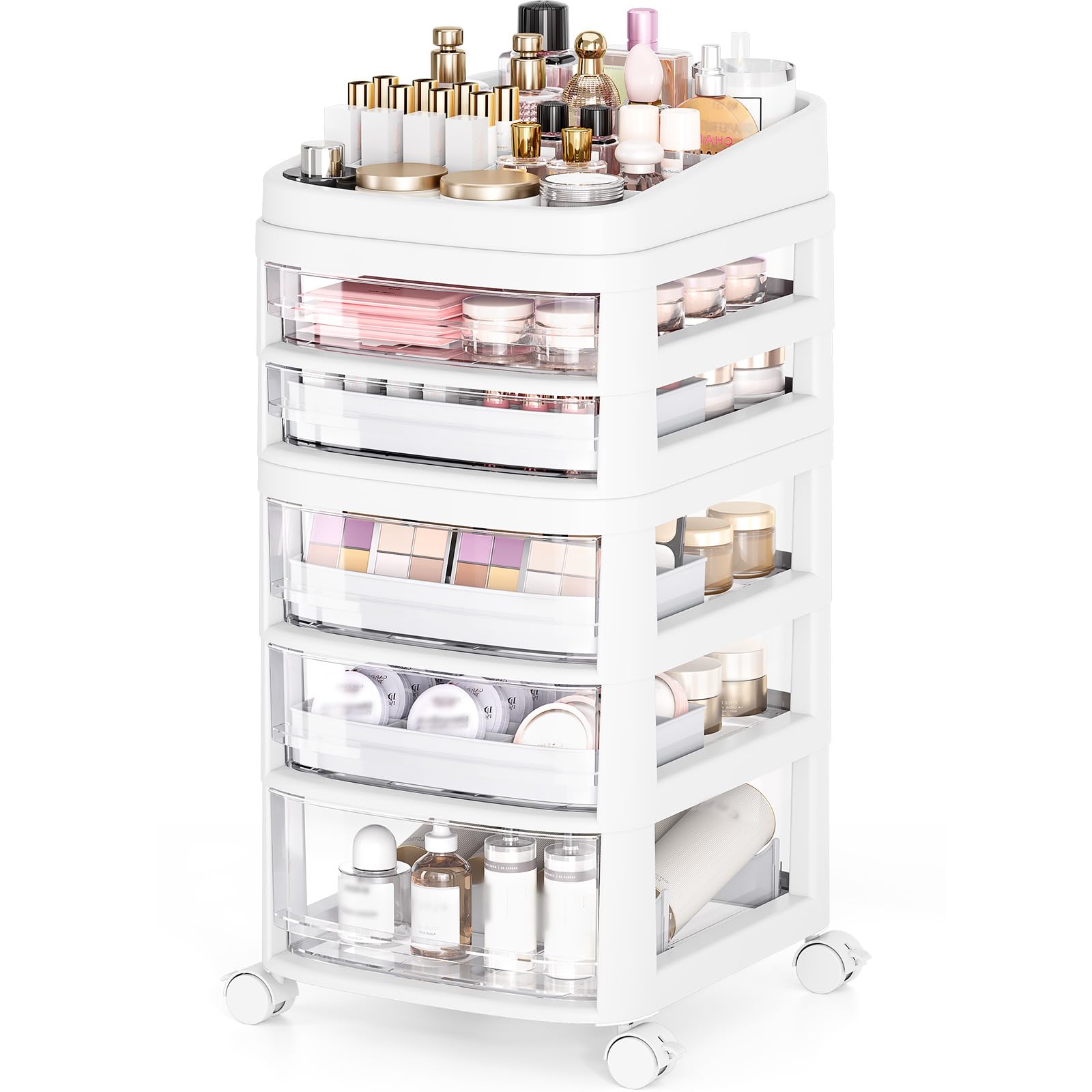 Rolling Cart with 5 Drawers, Clear Plastic Drawer Organizers, Vanity Cart