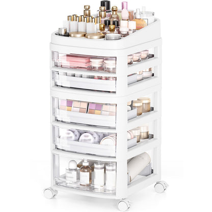 Rolling Cart with 5 Drawers, Clear Plastic Drawer Organizers, Vanity Cart