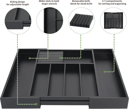 VaeFae Premium Bamboo Silverware Drawer Organizer Kitchen, Expandable Utensil Organizer with Knife Block, Cultery Tray with Divider for Flatware (Black)