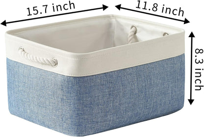 TcaFmac Storage Bins for Organization - Large 3 Pack Canvas Storage Basket for Shelves with Handles, Collapsible Baskets for Organizing for Closet Dog Laundry (White & Blue16x12x8 inch)