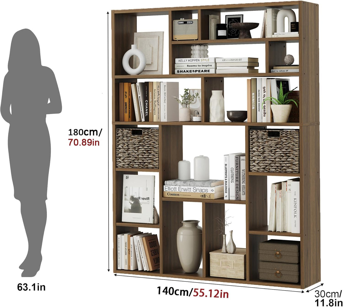 71” Tall Wooden Bookcase 6-Tier Large Bookshelves with 2 Woven Baskets, 55" Wide Floor Standing Wood Display Organizer Shelves for Living Room（Brown）