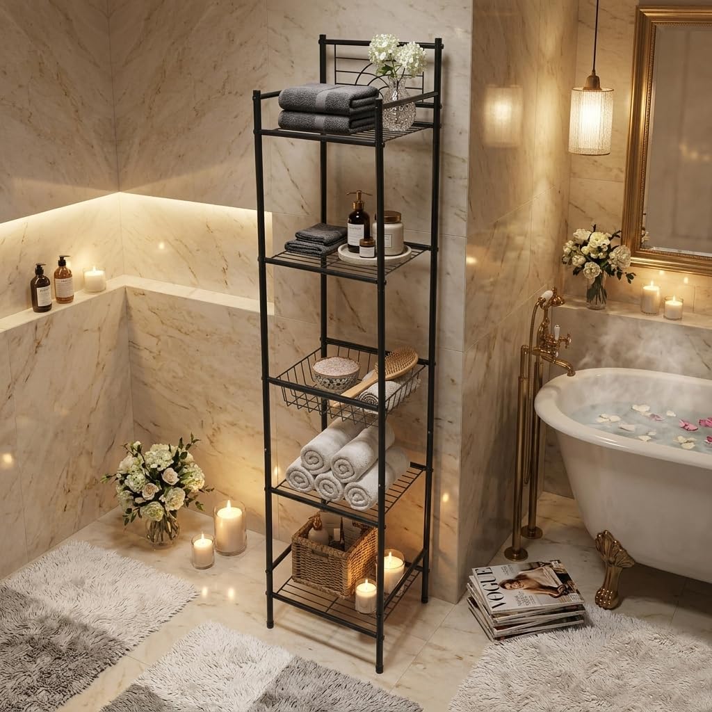 Bath Bliss 5 Tier Freestanding Bathroom Storage Shelf, Black Metal Organizer Rack | Rust Resistant