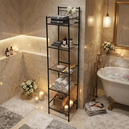 Bath Bliss 5 Tier Freestanding Bathroom Storage Shelf, Black Metal Organizer Rack | Rust Resistant