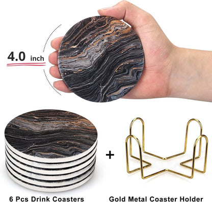 White Marble Style Ceramic Coasters Set of 6 with Holder Round Modern Coffee Table Decor Drink Coaster Gifts Absorbent Stone Coasters for Rustic Farmhouse Bar