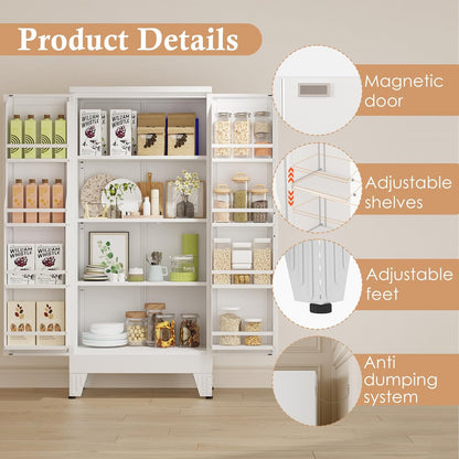 51" H Metal Kitchen Pantry Storage Cabinet, Freestanding Cupboard Storage Cabinet with Doors and Adjustable Shelves, Large Stand Up Food Cupboard for Living Room, Dinning Room, White
