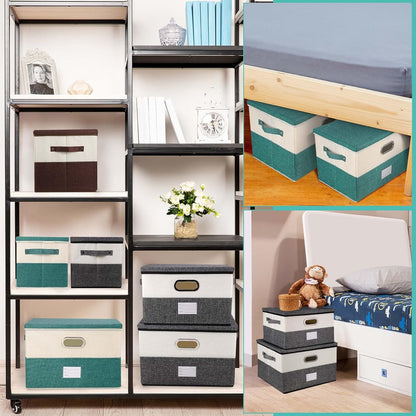 Large Linen Fabric Foldable Storage Bins with Removable Lid and Handles, Washable Storage Box Organizer Containers Baskets Cube with Cover for Bedroom,Office (Turquoise&Cream, Medium(2-Pack))