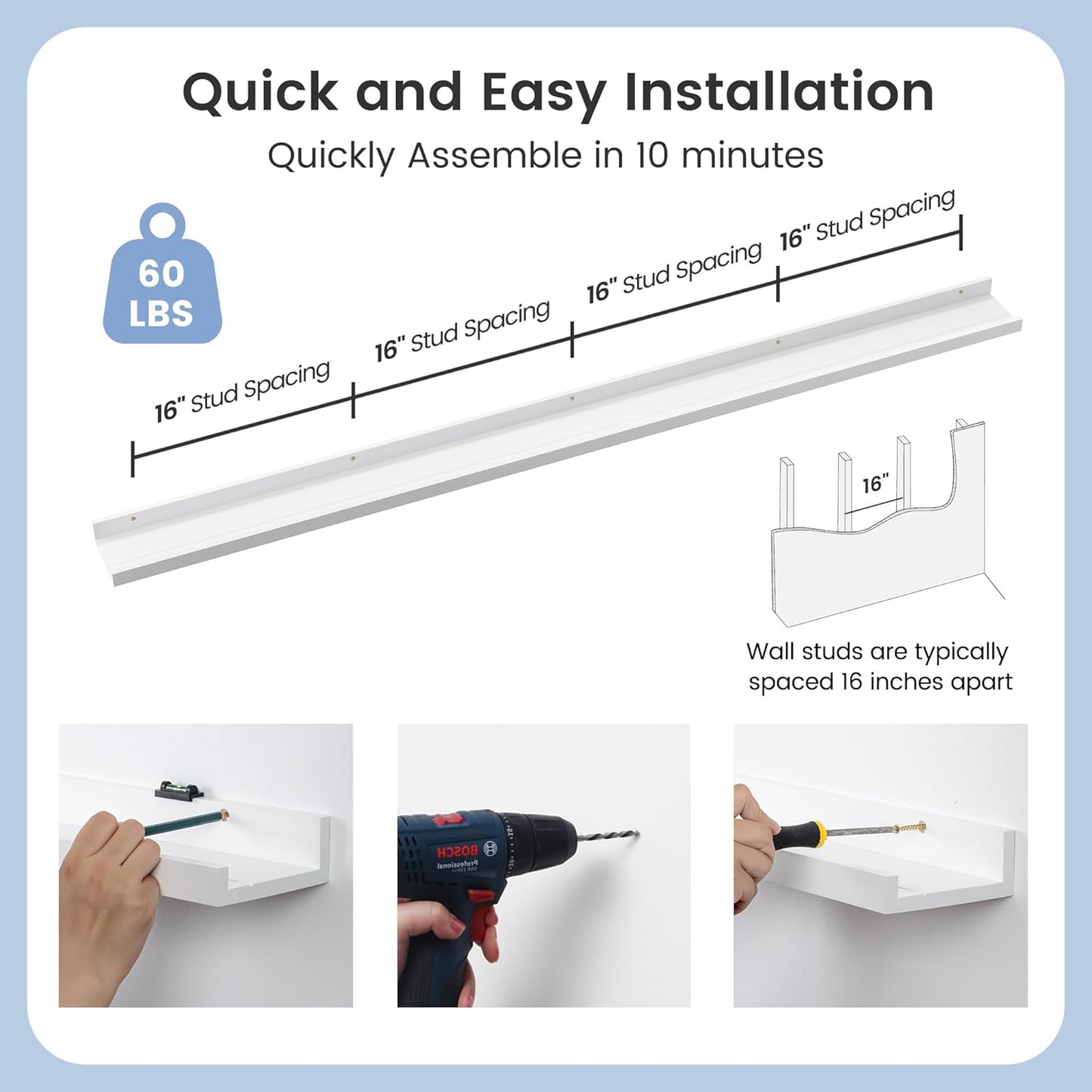 Picture Ledge Shelf, Floating Shelves Set of 2, Solid Pine Wood 72'' Long Large Nursery Book Shelves for Toys Storage, Kids Bookshelf for Living Room Bedroom Decor Books Photo Frames, White