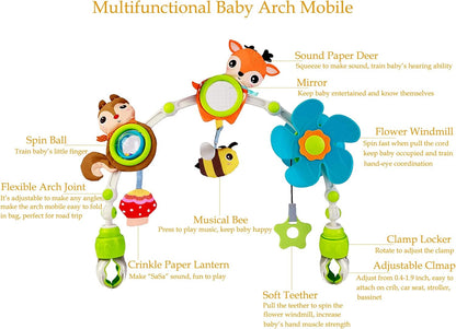 Baby Stroller Arch Mobile, Adjustable Musical Cirb Mobile Toys with Universal Clamps, Versatile Activity Toy Bar for Baby Bouncer Infant Car Seat Toy Stroller Toys Mobile for Bassinet Crib - Orange