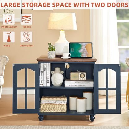 Farmhouse End Table with Charging Station,24" Large Sofa Side Table with Glass Barn Door,Rustic Wood Night Stand with Adjustable Storage Shelf,Square Bedside Table for Living Room,Bedroom Office