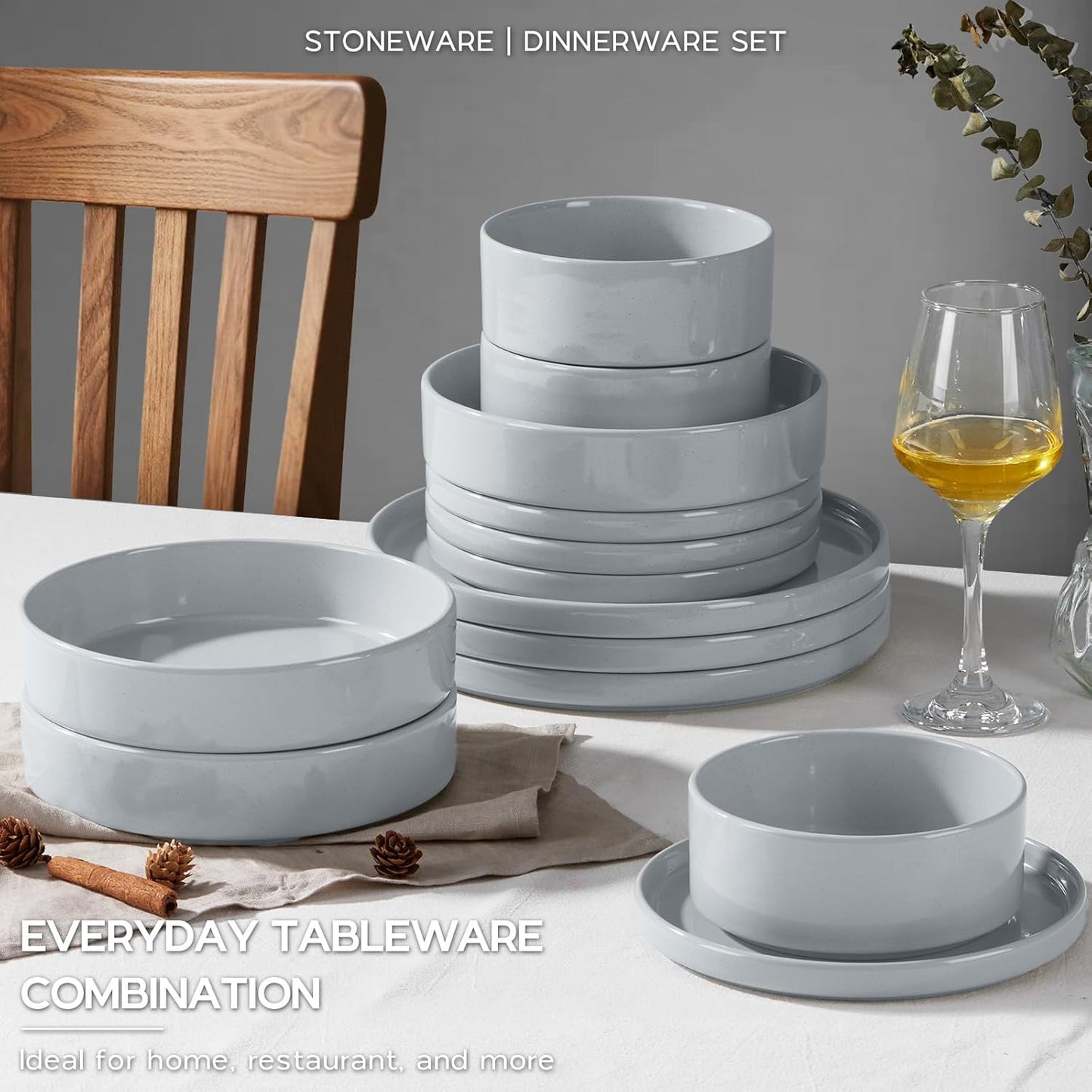 Onader Plates and Bowls Sets, 16 Pieces Stoneware Dinnerware for 4, Kitchen Dinner Dish Set with Pasta Bowl, Ceramic Dishware Dining Ware, Microwave & Dishwasher Safe - Slate Gray