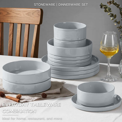 Onader Plates and Bowls Sets, 16 Pieces Stoneware Dinnerware for 4, Kitchen Dinner Dish Set with Pasta Bowl, Ceramic Dishware Dining Ware, Microwave & Dishwasher Safe - Slate Gray