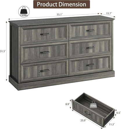 Farmhouse 6 Drawer Dresser for Bedroom, 55 Inch Wide Modern Grey Dresser TV Stand with Large Drawers & Bar Handles, Rustic Wood Chest of Drawers for Bedroom, Living Room, Hallway, Entryway.