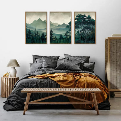 HLNIUC Green Foggy Forest Framed Canvas Wall Art Set,Watercolor Boho Pine Tree Wall Decor,Modern Misty Mountain Scenery Art Print,Nature Landscape Wall Painting for Living Room,Bedroom - 16”x24”x3