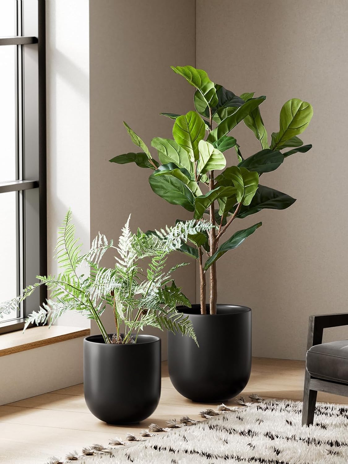 LE TAUCI 10 Inch Plant Pot, Ceramic Pots for Plants with Drainage Hole and Rubber Plug, Plant Pots Indoor for Olive Tree, Cylinder Planter Pot for Home Patio Office, Black