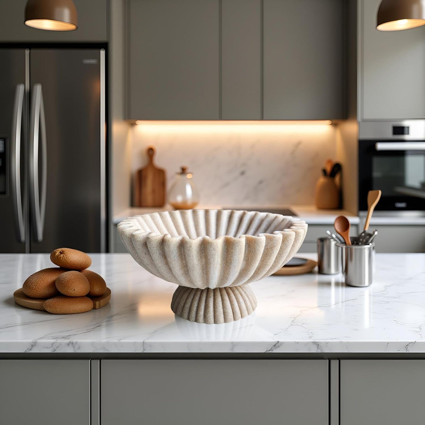 10" Large Decorative Bowl decor, Scalloped Bowls for Modern Home Decor,Ruffle Decor,Stylish Key Bowl for Entry Table,Decorative Fruit Bowl for Kitchen Counter,With base,Artificial Stone Beige