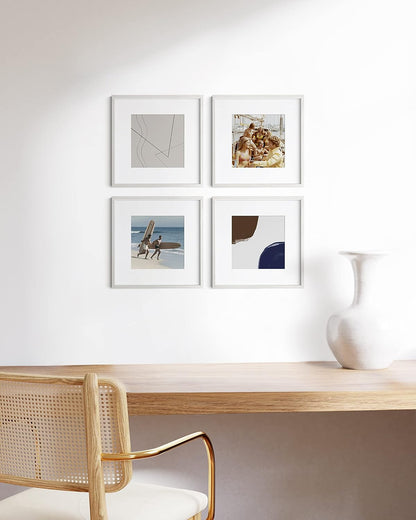 HAUS AND HUES Solid Oak Wood 12”x12” Picture Frames Matted to 8”x8” Set of 4-12x12 White Square Frames, White Wood Picture Frames, White Picture Frames for Wall, 12 x 12 Frames, Square Picture Frames