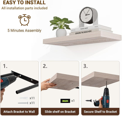 48 Inch Floating Shelves, 3D Textured Wood Grain, 48"x9.25"x1.5" Inch Deep Floating Shelves for Wall, Wooden Shelves for Bathroom, Bedroom, Living Room, Washed White