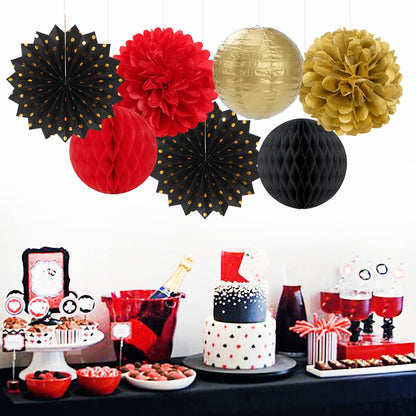 Red-Black Gold Party Decorations Streamers Lanterns - 14pcs Casino-Theme Graduation 2025 Paper Fan,Game Night Wedding Birthday Baby Bridal Shower Tissue Pom Poms,Honeycomb Balls Decor Ouruola