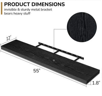 Fun Memories Floating Shelves - 12 Inch Rustic Wooden Wall Shelves - Extra Deeper & Thicker Wall Mounted Storage Shelf for Living Room, Kitchen, Farmhouse - 55" W x 12" D x 1.8" H - Rustic Black