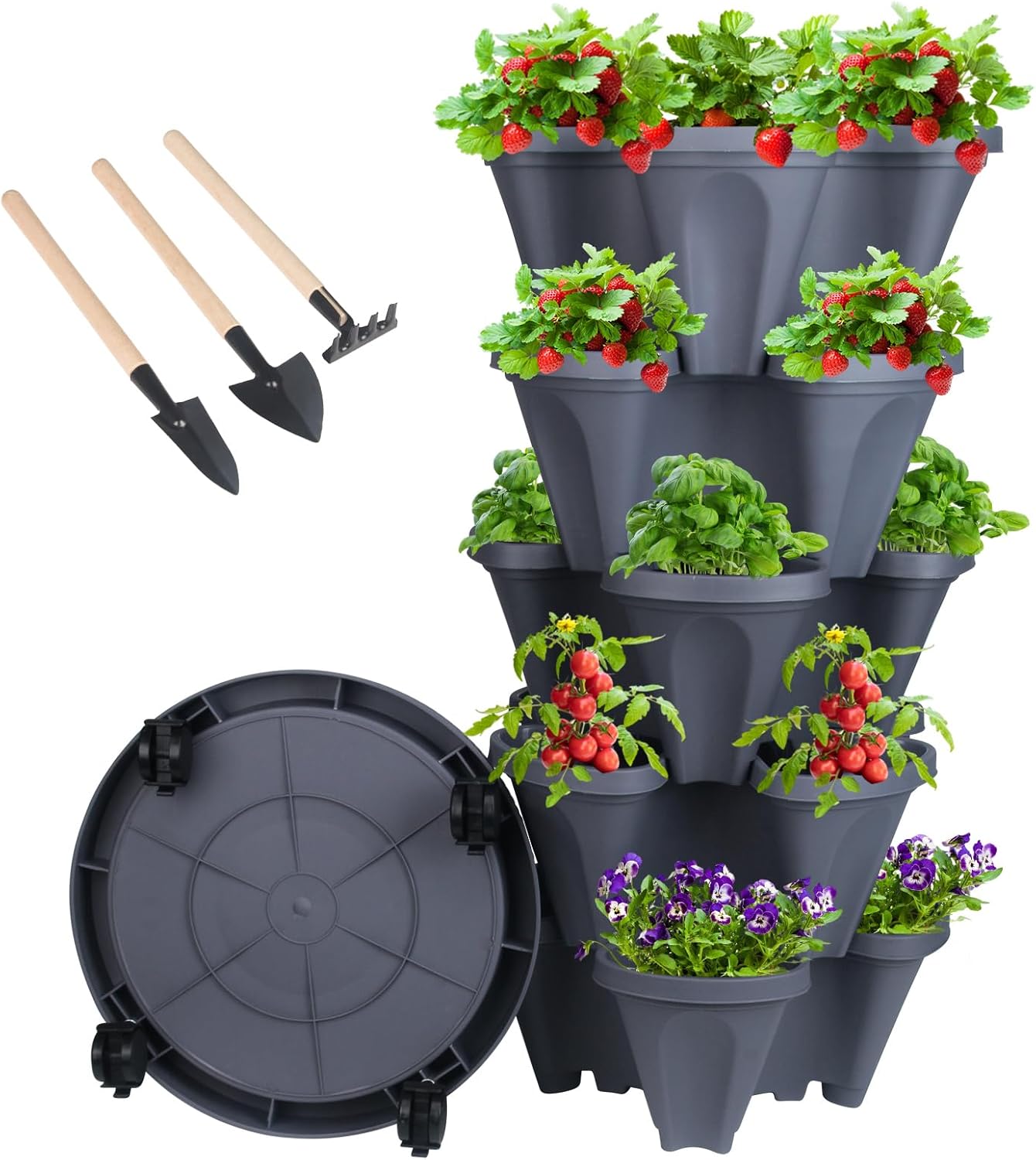 DUNCHATY Stackable Planter, Vertical Garden Planter with Wheels and Tools, Self Watering Strawberry Indoor/Outdoor 5 Tier Tower Herb for Growing Vegetables Succulents, Dark Gray