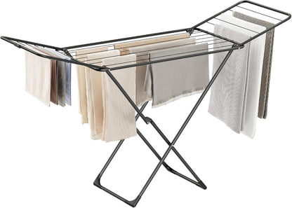 SONGMICS Clothes Drying Rack, Metal Laundry Drying Rack, Foldable, Space-Saving, Free-Standing Airer, with 2 Gullwings, Indoor Outdoor Use, Bed Linen Clothing, Black ULLR540B01