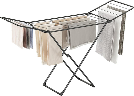 SONGMICS Clothes Drying Rack, Metal Laundry Drying Rack, Foldable, Space-Saving, Free-Standing Airer, with 2 Gullwings, Indoor Outdoor Use, Bed Linen Clothing, Black ULLR540B01