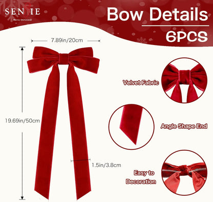 Senjie Velvet Large Christmas Bows for Staircase Garland Wreath, 20in x 8in Vintage Ribbon Bows with Twist Tie for Xmas Tree Holiday Indoor Outdoor Decorations (6Pcs, Red)