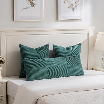 Fancy Homi Set of 2 Teal Boho Long Lumbar Body Decorative Throw Pillow Cover 14x36 Inch for Bed Couch Bedroom Bench, Soft Patchwork Corduroy Textured Pillow Case, Rustic Farmhouse Room Décor