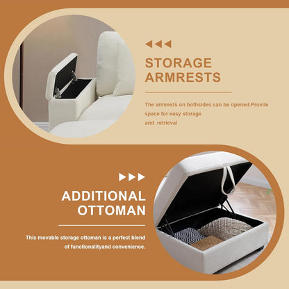 120.3" Modern L-Shaped Sectional Sofa with 360°Swivel Drop-Down Table, Storage Armrest, USB Ports & Movable Storage Ottoman – Plush Linen Cloud Couch for Lounge (Beige)