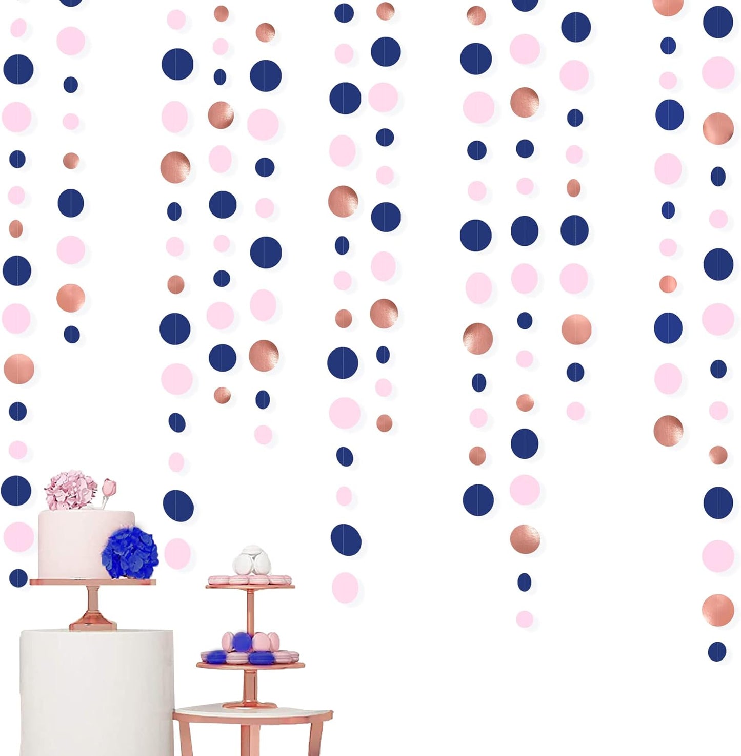 46Ft Navy Blue Blush Circle Dot Garland Royal Blue Pink Rose Gold Hanging Paper Polka Dot Streamer for Gender Reveal Baby Shower Birthday Engagement Wedding Bridal Shower Anniversary Party Decorations