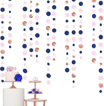 46Ft Navy Blue Blush Circle Dot Garland Royal Blue Pink Rose Gold Hanging Paper Polka Dot Streamer for Gender Reveal Baby Shower Birthday Engagement Wedding Bridal Shower Anniversary Party Decorations