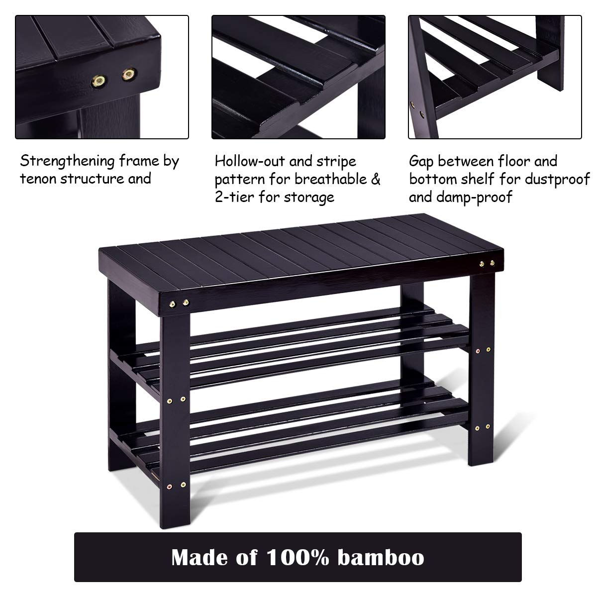 GOFLAME Shoe Bench Rack, 2-Tier Bamboo Seat Storage Shelf, Free Standing Shoe Storage Bench with