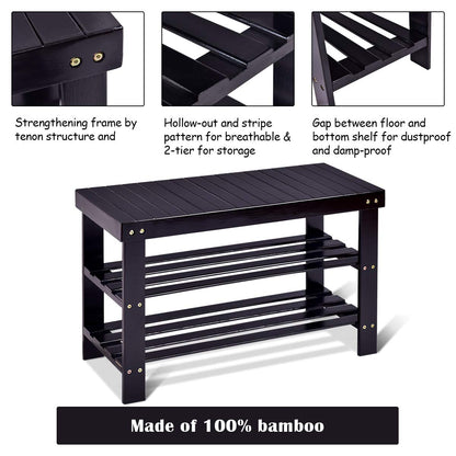 GOFLAME Shoe Bench Rack, 2-Tier Bamboo Seat Storage Shelf, Free Standing Shoe Storage Bench with