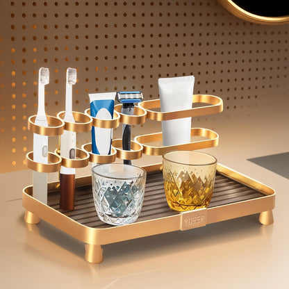 YUPER Bathroom Counter Organizer, Bathroom Organizers with Toothbrush Holder, Makeup Storage Shelf Vanity Tray Perfume Organizer, Bedroom Bar Corner Counter Storage Sink Shelf Gold