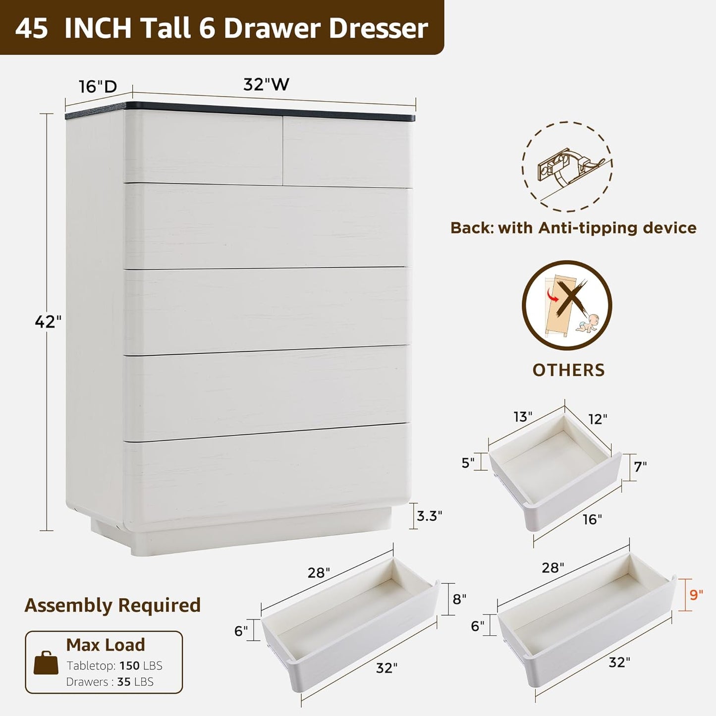 6 Drawer Dresser for Bedroom, 42 Inch Tall Modern Chest of Drawers, Push-to-Open Wood Storgae Organizer with Large Drawers for Bedroom, Living Room, Hallway,Off White