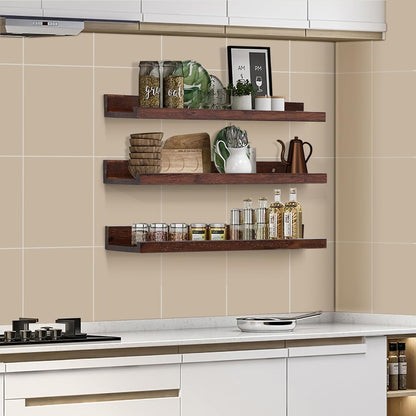 AZSKY Walnut Floating Shelves 24 Inch Picture Ledge Shelf for Wall Photo Shelves with Lip for Pictures Nursery Room Bookshelf Wood Wall Shelves Set of 3 for Bedroom Living Room Bathroom Kitchen