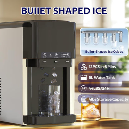 3 in 1 Water Dispenser with Ice Maker, Nugget Ice Maker Countertop, Bullet Ice, Crushed Ice, Water Cooler, 44Lbs/24H, 12 Ice Cube/6Min, Self-Cleaning, 4Lbs Ice Storage, Home, Kitchen, Party, RV