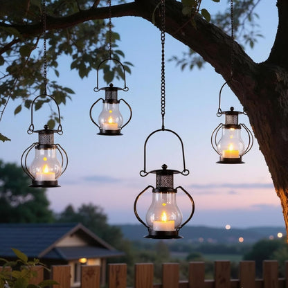 Solar Hanging Lanterns Outdoor Waterproof, Vintage Mini Metal Lantern with Flickering Solar Powered Tea Lights, Perfect Chargeable Solar Lights for Backyard Patio Garden Fence Tree Decoration-4Pack