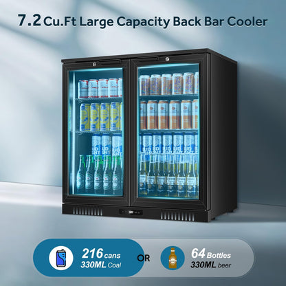 Tylza Back Bar Cooler With 2 Glass Doors, 7.2 Cu.Ft Under Counter Back Bar Refrigerator with LED Lighting, Safety Locks, Counter Height Bar Beverage Cooler for Beer, Soda Drinks, Wine, Black